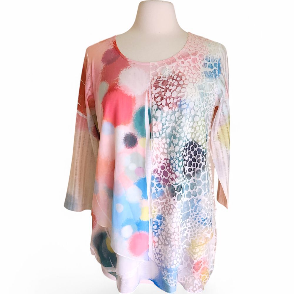 Ali Miles Womens Size S Colorful Abstract Geometric Top Pocket 3/4 Sleeve